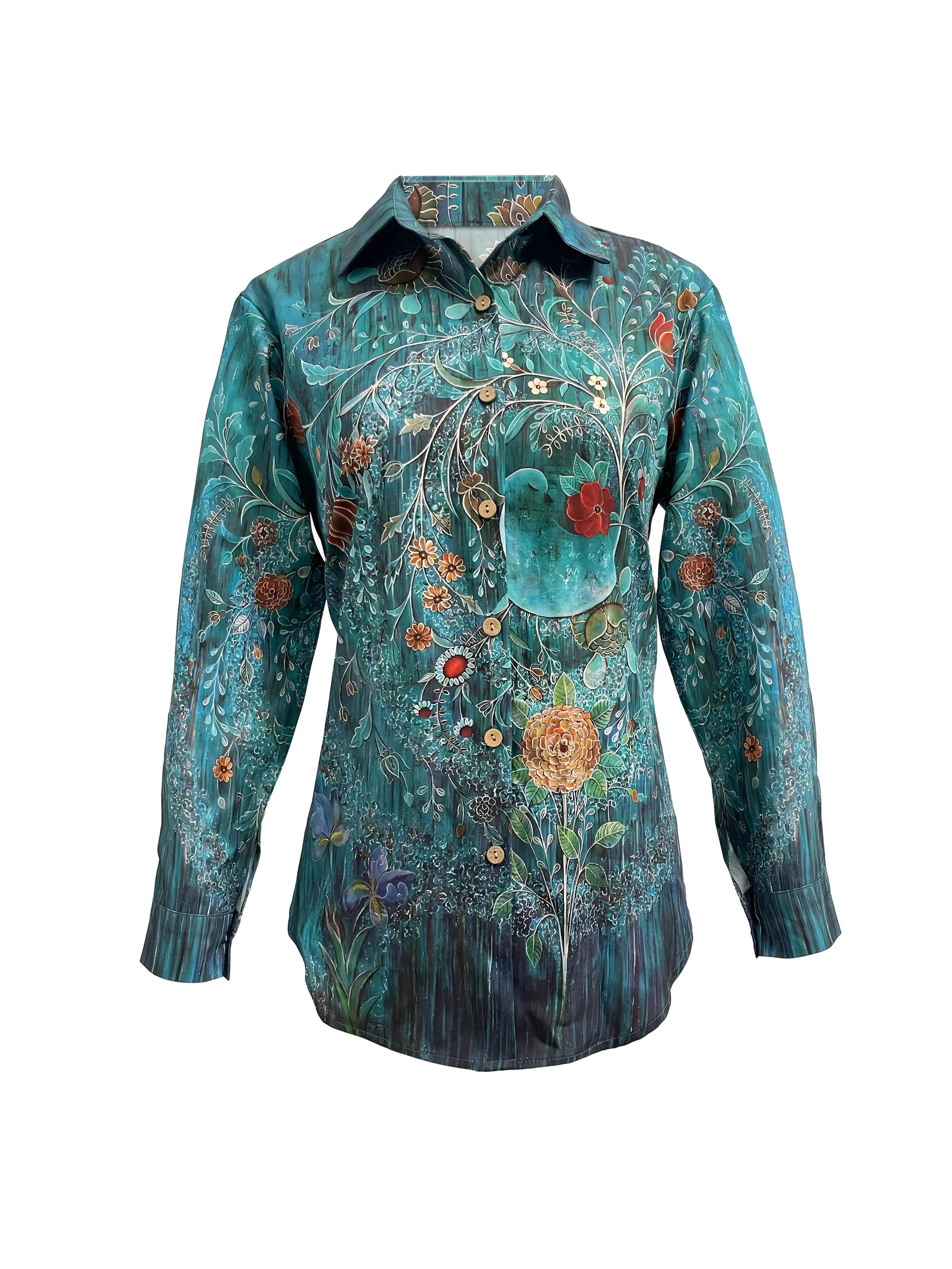 Plus Size, Women's Long-sleeved Shirts Plus Size Casual Tops Women's Fashion Turn- Collar Floral Print Casual Shirt