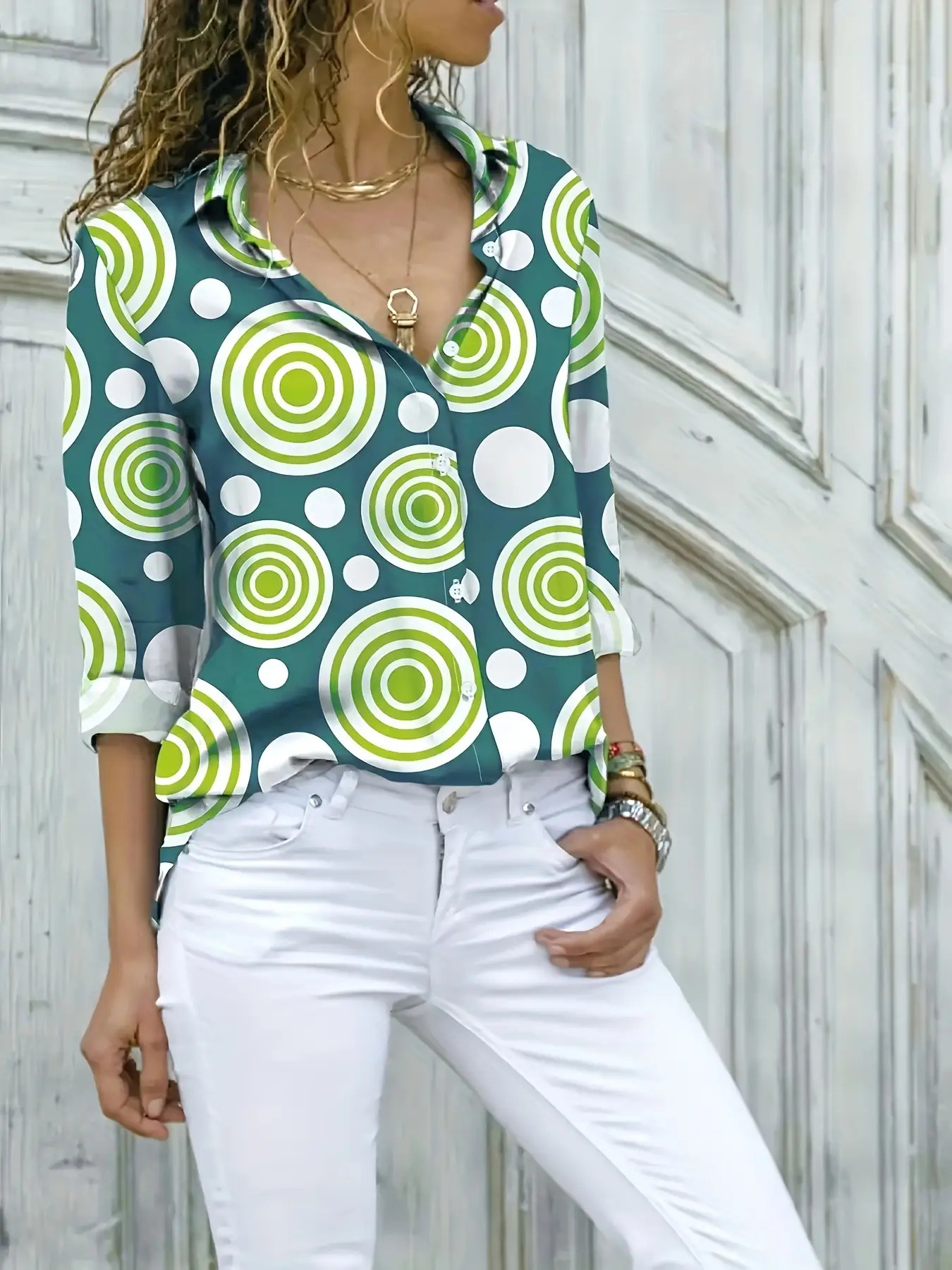 product_30284 Plus Size - Plus Size, Women'S Elegant Casual Long Sleeve Shirt - Green & Polka & Stripe Geometric Print, Multi-Fiber All-Season Button-Front Blouse with Lapel Collar & Tie, H-Line Silhouette, Relaxed Fit for Everyday & Semi-Formal Wear - Image 1