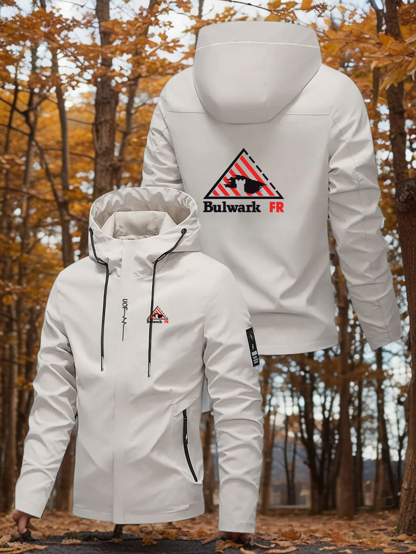 Men's Flame-Resistant FR Jacket with Bulwark Logo - Full-Zip Windproof Outdoor Coat, Hooded All-Season Windbreaker Suitable for Hiking, Camping & Casual Wear - Blue/Black/White FR Windproof Jacket