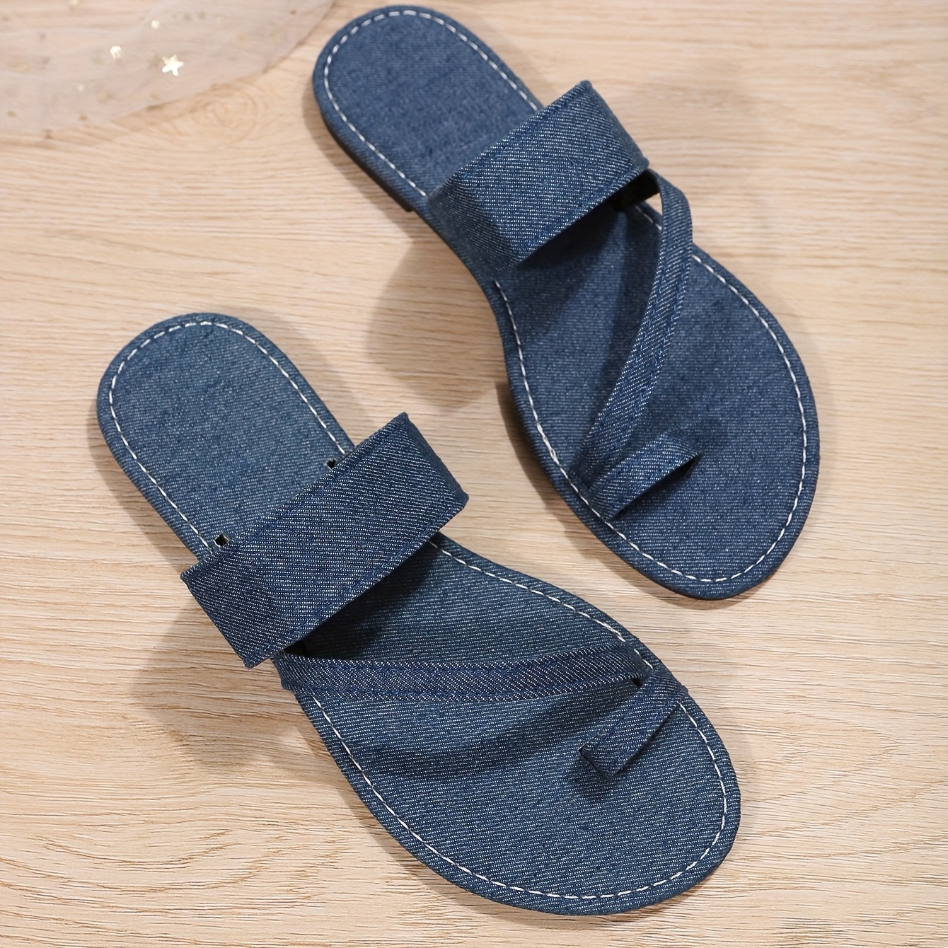 Women's Toe Loop Slide Shoes, Casual Canvas Open Toe Slip On Slide Sandals, Outdoor Summer Beach Flat Slides