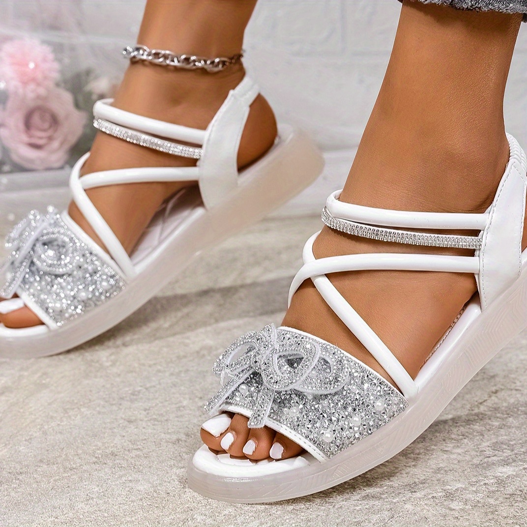 Women'S Sparkling Rhinestone-Embellished Slip-On Flat Sandals - Open-Toe Synthetic Cover with Cushioned Rubber Sole for Casual & Formal Occasions, Ladies Shoes And Sandals, Evening Wear, Glamorous Accessory, Durable Construction, Stylish Footwear, Fashion Lovers