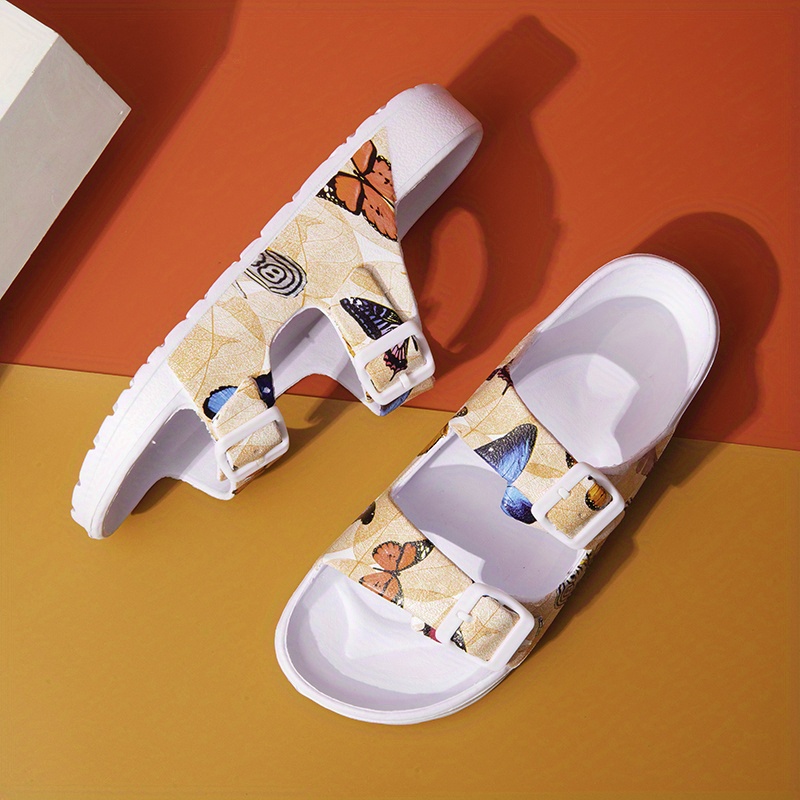 womens butterfly print slide sandals double buckle strap open toe non slip shoes indoor outdoor beach shoes details 2